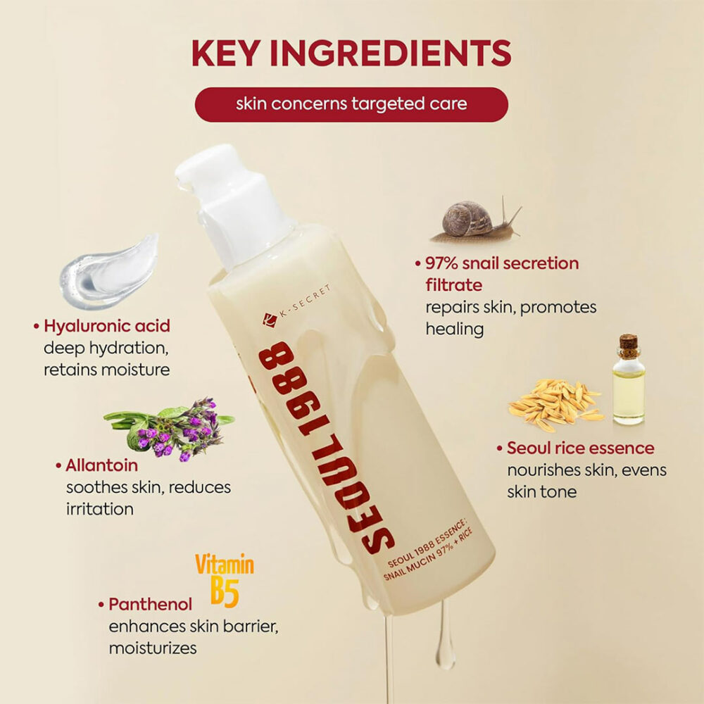 اسنس موسین حلزون و برنج سئول 1988 کی سکرت K-SECRET SEOUL 1988 Essence Snail Mucin 97% + Rice