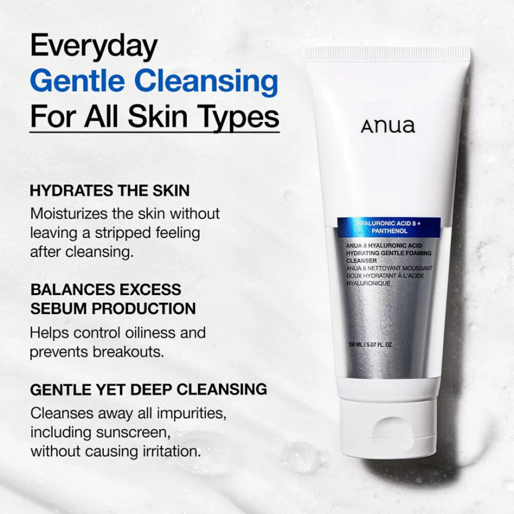 فوم شستشوی هیالورونیک اسید و پنتنول آنوا ANUA 8 Hyaluronic Acid Hydrating Gentle Foaming Cleanser