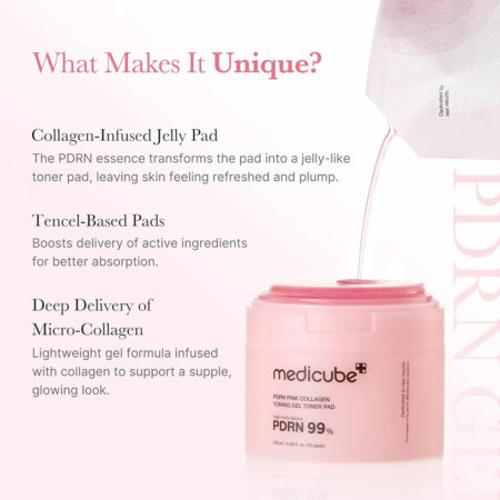 پد تونر ژلی صورتی PDRN و کلاژن مدی کیوب Medicube PDRN Pink Collagen Toning Gel Toner Pad