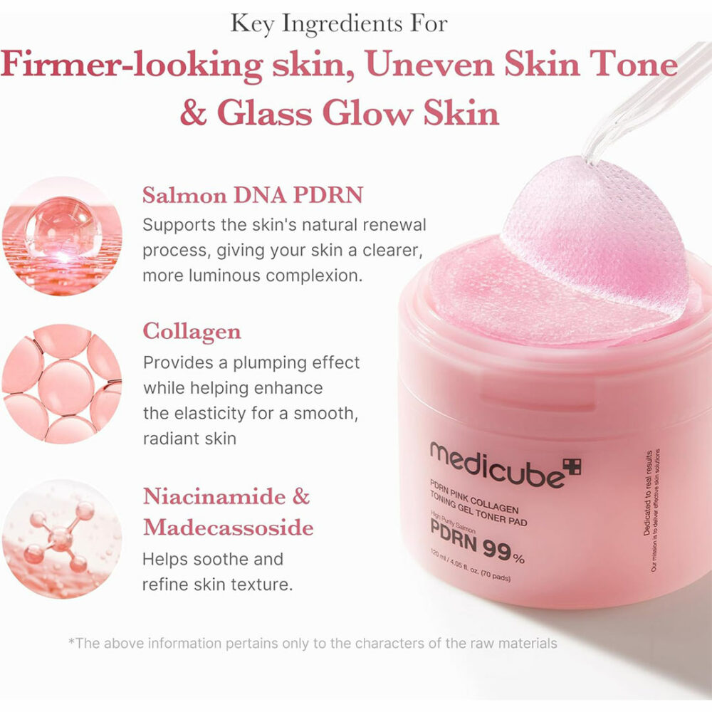 پد تونر ژلی صورتی PDRN و کلاژن مدی کیوب Medicube PDRN Pink Collagen Toning Gel Toner Pad